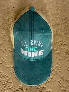 Adams Cream Mesh Trucker Hat with Teal Script